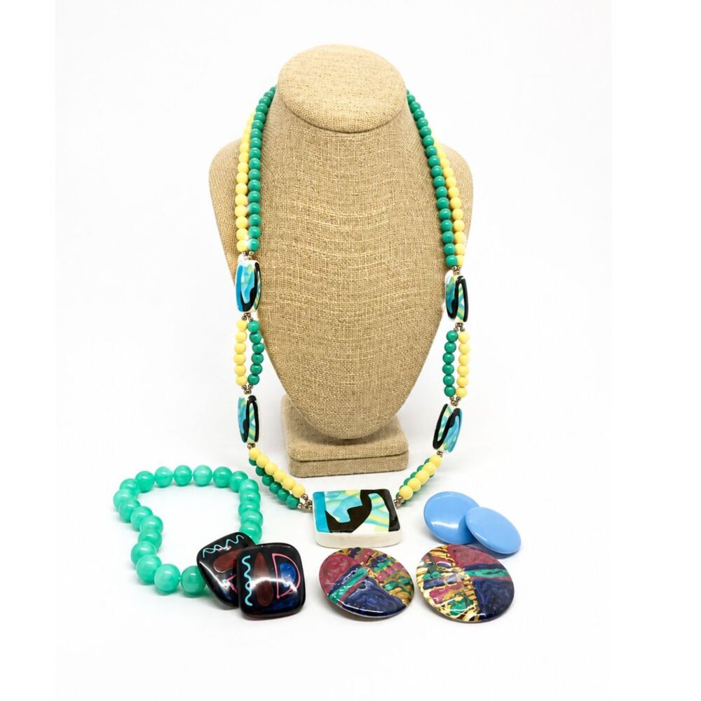 Vintage 80s Earrings Lot Necklace Bracelet Memphis Pop Art Colorful